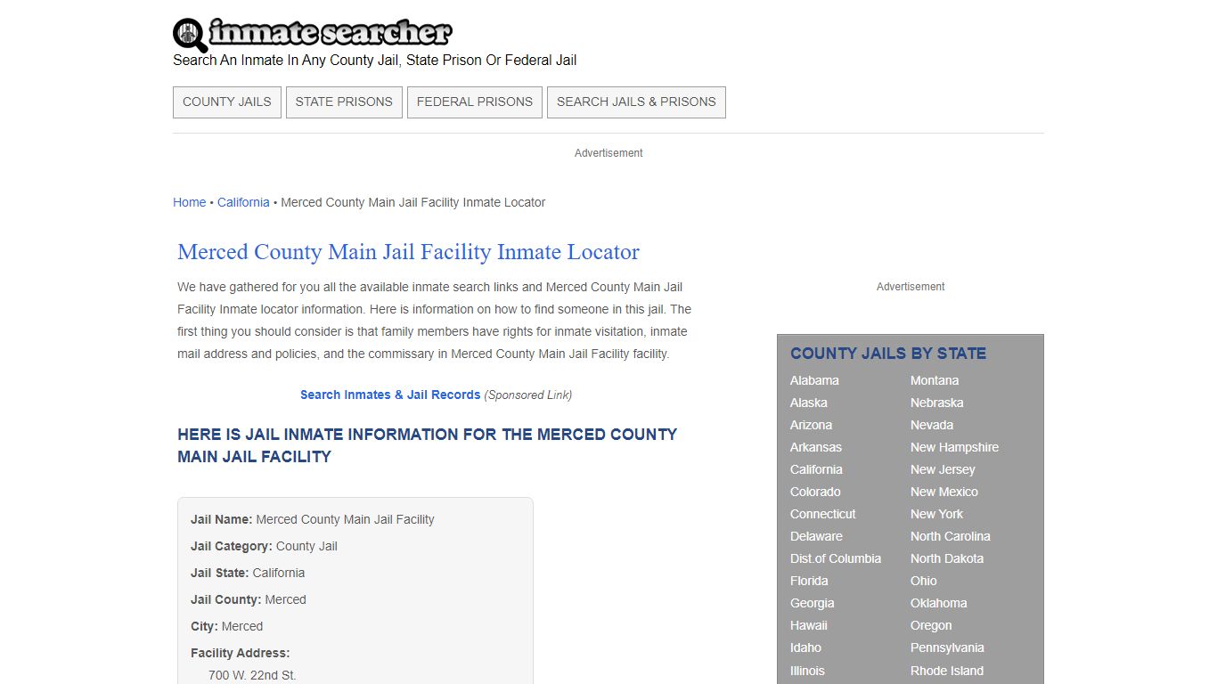 Merced County Main Jail Facility Inmate Locator - Inmate Searcher